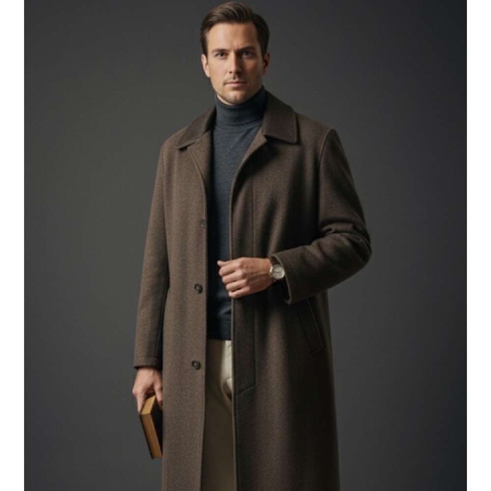 Vintage Salvatore Ferragamo Design Wool Coat 54 XXL Brown Leather Collar Long116